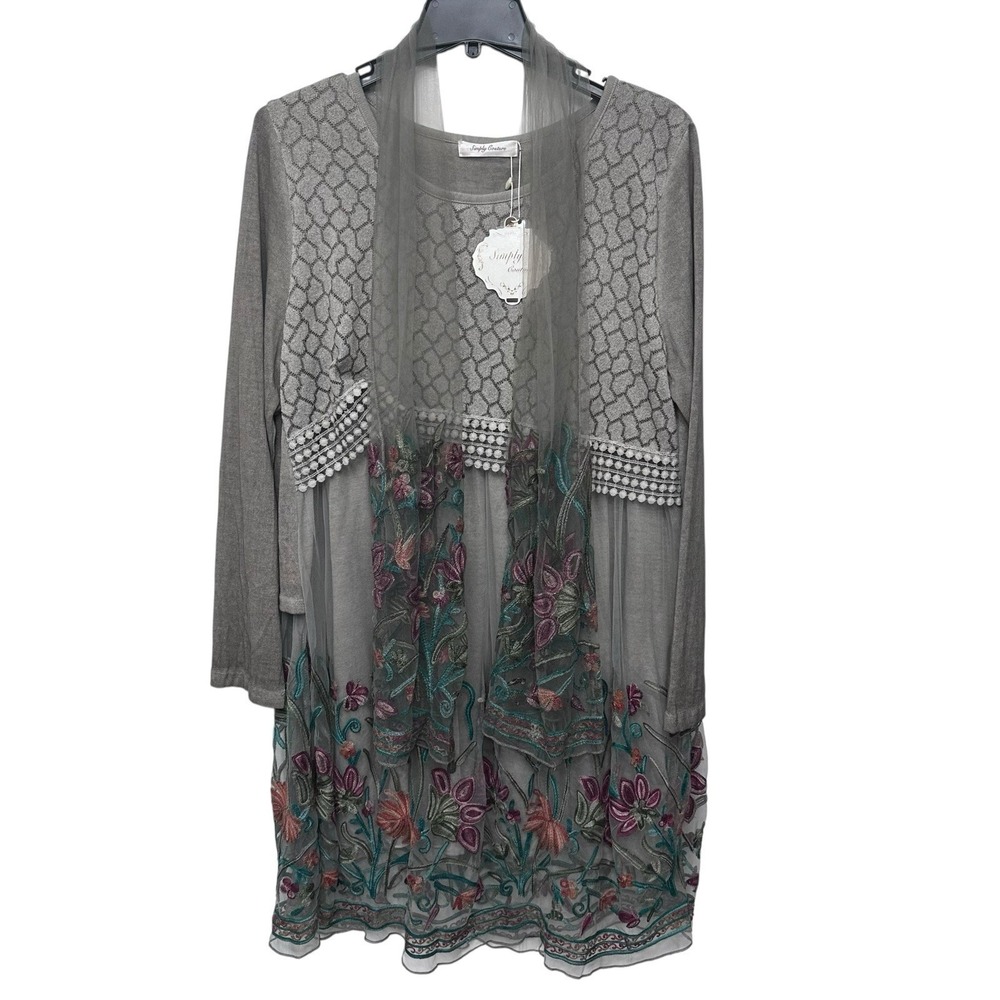 SIMPLY COUTURE Sz L‎ Gray Tunic Dress Lace Floral Embroidered Scarf Twee Fairy